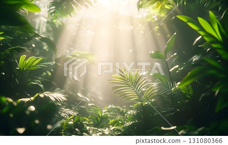 Sunlit Tropical Canopy: Lush Greenery Bathed in Ethereal Light R 131080366