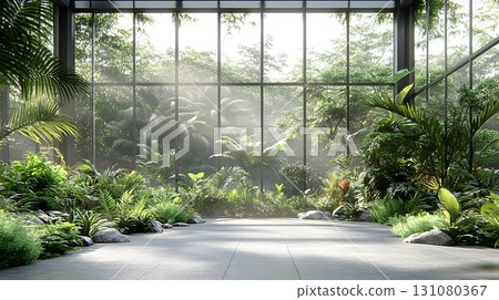 Lush Interior Garden with Sunlight Streaming Through Large Windo 131080367