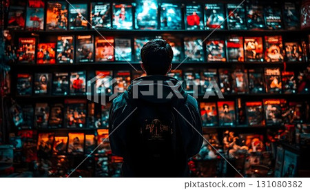 Back view of a person looking at shelves filled with movies in a 131080382