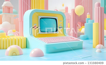 Pastel Retro Computer in Dreamy Architectural Landscape 131080409
