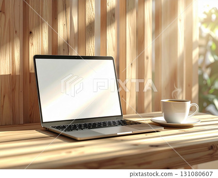 Desktop and coffee placed on a wooden table in a coworking space. Copy space. Background material. 131080607