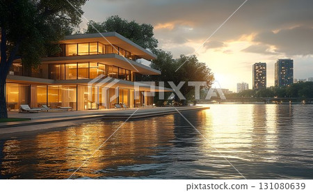 Modern Lakeside Home Reflecting Sunset Light on Water with City 131080639
