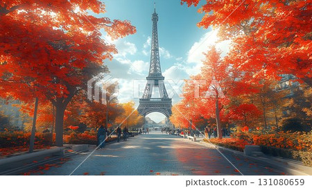 Parisian Autumn: Eiffel Tower Framed by Vibrant Red Foliage and 131080659
