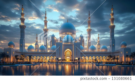 Sheikh Zayed Mosque Reflecting in Water at Dusk with Cloudy Sky 131080661