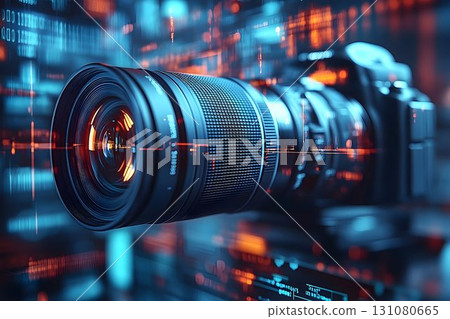Camera Lens Close-Up with Abstract Data Overlay in Blue and Oran 131080665