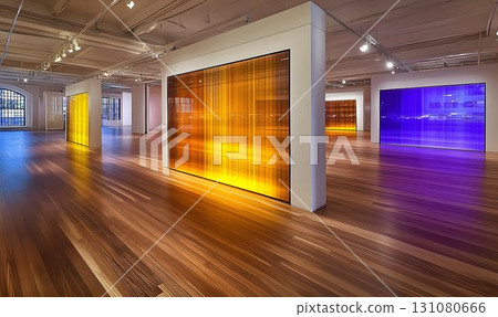 Modern Art Gallery Showcasing Abstract Light Installations and W Modern Art Gallery Showcasing Abstract Light Installations and W 131080666