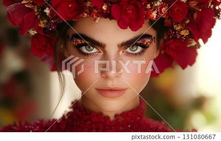 Woman's Portrait with Red Floral Crown and Glitter Eye Makeup, C Woman's Portrait with Red Floral Crown and Glitter Eye Makeup, C 131080667