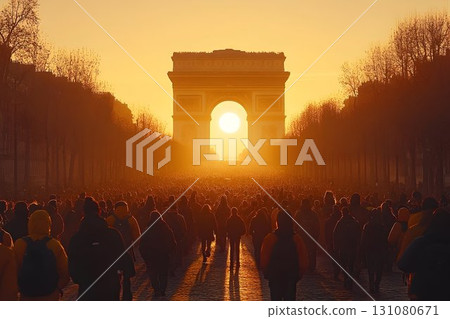 Golden Hour at Arc de Triomphe: A Sea of People Bathed in Sunlig Golden Hour at Arc de Triomphe: A Sea of People Bathed in Sunlig 131080671
