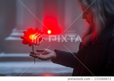 Woman with Silver Hair Holding a Glowing Red Flower in a Foggy S 131080672