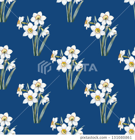 Watercolor repeating pattern of white daffodils with fresh green stems and botanical details. Versatile design for garden content and floral labels 131080861
