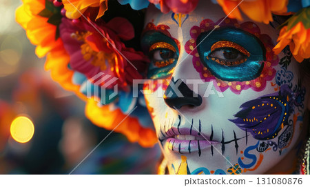 A woman with colorful face paint and a floral headdress celebrates Day of the Dead in Mexico. The vibrant colors and intricate designs highlight the cultural significance of the holiday 131080876