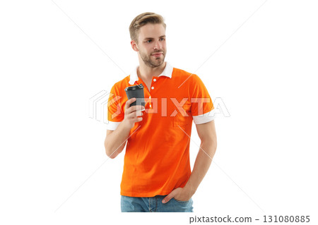 Man drinking tea. Warm morning. Coffee break at home. Millennial man having coffee cup isolated on white. Morning coffee time. Lifestyle concept. Drinking espresso Man drinking tea. Warm morning. Coffee break at home. Millennial man having coffee cup isolated on white. Morning coffee time. Lifestyle concept. Drinking espresso 131080885