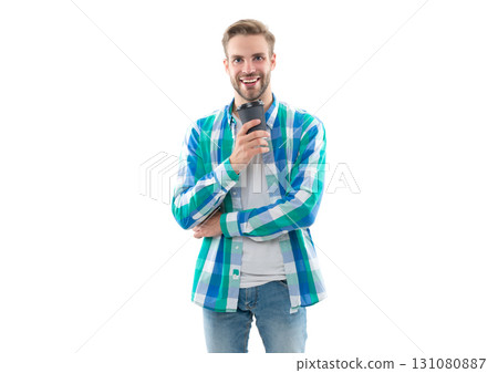 smiling millennial man with coffee isolated on white. millennial man with coffee in studio smiling millennial man with coffee isolated on white. millennial man with coffee in studio 131080887