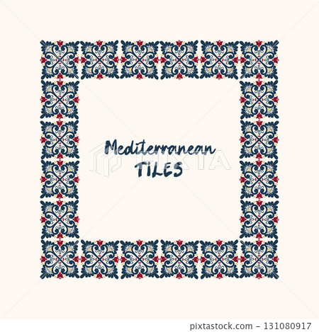 Vector classical frame consisting of blue and red elements, Mediterranean tiles. Hand painted traditional illustration isolation on white background for design, print, fabric or background. Vector classical frame consisting of blue and red elements, Mediterranean tiles. Hand painted traditional illustration isolation on white background for design, print, fabric or background. 131080917