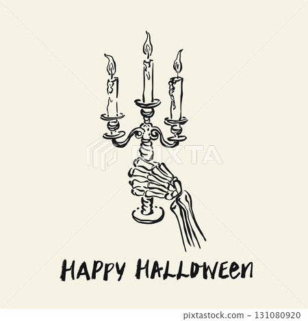 Vector Halloween card of black skeleton hand with candelabra and candles. Hand painted holiday template isolated on white background. Illustration for design, print or background. Halloween poster. 131080920