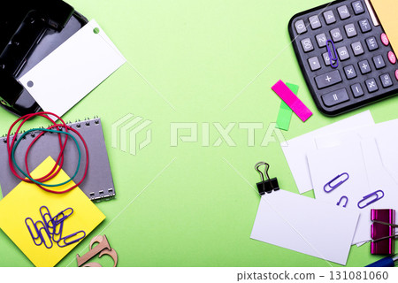 Notebook, colored bookmarks, elastics, clips and numbers 131081060