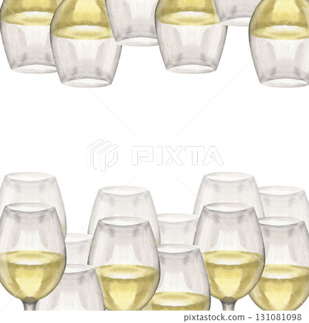 Glasses with white wine watercolor banner. Hand drawn transparent glass with beverage, traditional summer and Italian drink for dinner clipart for card, invitation, menu, packing design Glasses with white wine watercolor banner. Hand drawn transparent glass with beverage, traditional summer and Italian drink for dinner clipart for card, invitation, menu, packing design 131081098