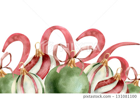 Christmas and New Year festive banner with watercolor green and striped retro balls and trendy numbers illustration.Hand drawn 2026 year clipart with Christmas tree decorations clipart for card design Christmas and New Year festive banner with watercolor green and striped retro balls and trendy numbers illustration.Hand drawn 2026 year clipart with Christmas tree decorations clipart for card design 131081100