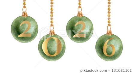 Christmas tree decorations banner with watercolor green balls on golden garland with golden New 2026 year numbers illustration. Traditional festive clipart for card, invitation, poster design Christmas tree decorations banner with watercolor green balls on golden garland with golden New 2026 year numbers illustration. Traditional festive clipart for card, invitation, poster design 131081101