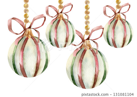 Retro Christmas decoration banner template with striped balls, red bows on golden hanging garland watercolor illustration. Hand drawn eve and New year clipart for poster, card, invitation design Retro Christmas decoration banner template with striped balls, red bows on golden hanging garland watercolor illustration. Hand drawn eve and New year clipart for poster, card, invitation design 131081104