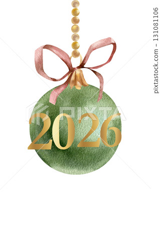 Christmas green ball with red bow hanging on golden garland with New 2026 year design. Watercolor card template. Winter festive decor. Christmas tree decoration with golden numbers data 131081106