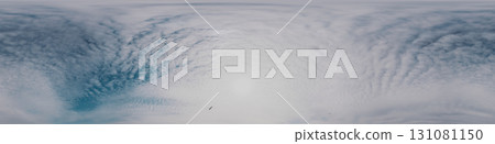Sky 360 panorama - Bright blue sky filled with fluffy white Cirrus clouds. Seamless hdr spherical 360 panorama. Sky dome sky replacement for aerial drone 360 panoramas. Weather and climate change 131081150