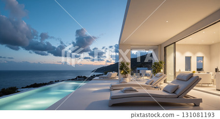 Luxury Outdoor Patio with Floating Lounge Chairs, Panoramic Ocean Views, and Ambient Lighting - A serene patio with floating lounge 131081193