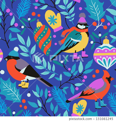 Christmas seamless pattern with cute design elements, Christmas tree toys, winter birds, fir tree and holly. Hand drawn  illustration for wrapping paper and greeting cards 131081245