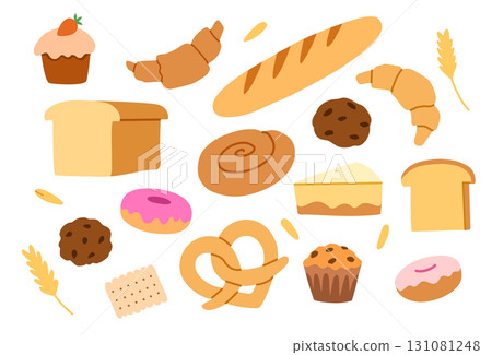 Set of bakery  elements, croissant, bread, cakes and cookies. Cute doodle hand-drawn illustration in trendy modern style 131081248