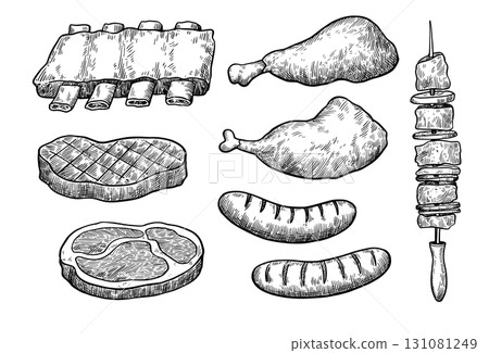 Barbecue set, monochrome llustration in sketch style. Grilled meat, chicken, ribs, steak and sausage Barbecue set, monochrome llustration in sketch style. Grilled meat, chicken, ribs, steak and sausage 131081249