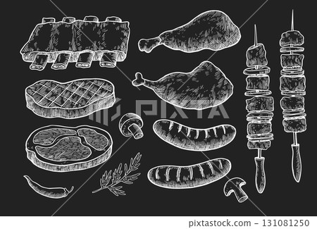 Barbecue set, monochrome illustration in sketch style. Grilled meat, chicken, ribs, steak and sausage 131081250