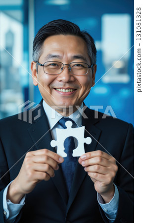 Asian Businessman Finding Puzzle Solution 50s male, suit, holding last puzzle piece smiling, transparent bg, photo-realistic, corporate blue, bright 'aha' 131081328