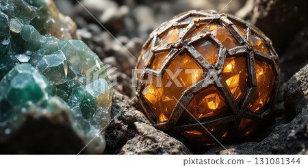 Ancestral Cave Minerals Extreme close-up of ancient crystal formations creating abstract geometric study in trending earth mineral palette without cave 131081344