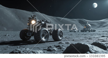 Crypto Lunar Rovers Helium-3 blockchain claims, lotus solar panels, moondust transaction etching for space industry visuals. 131081395