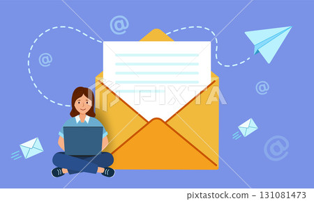 concept An email. the letter is in an envelope. Girl writes an email. Open yellow envelope with document. 131081473