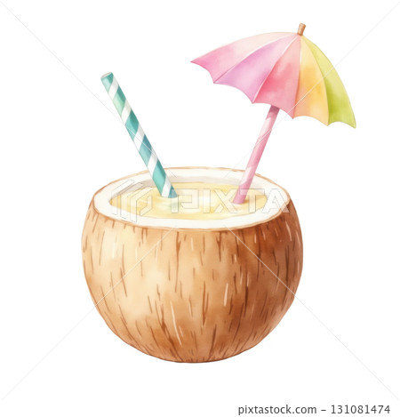 Refreshing Coconut Drink Illustration with Straws and Miniature Umbrella Detail 131081474