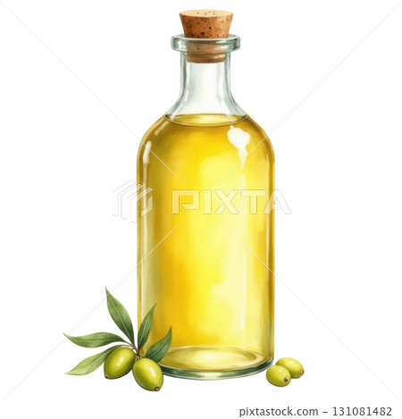 Bottle of olive oil with cork and green olive branch 131081482