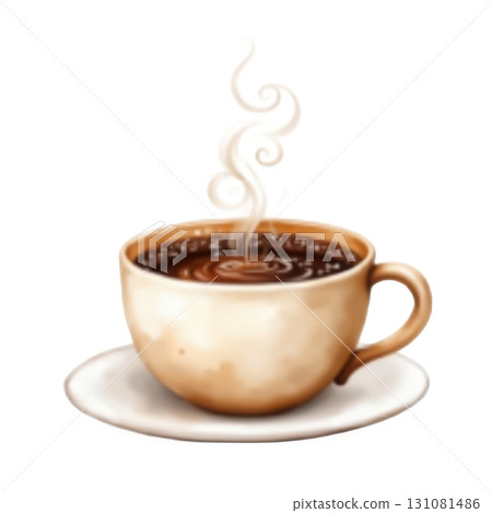 Cup of steaming coffee on saucer with rising swirls of steam Cup of steaming coffee on saucer with rising swirls of steam 131081486