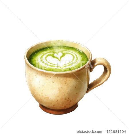 Delicious matcha latte with beautiful latte art in ceramic cup illustration 131081504