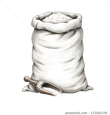 Illustration of a sack with white substance and wooden spoon isolated 131081530