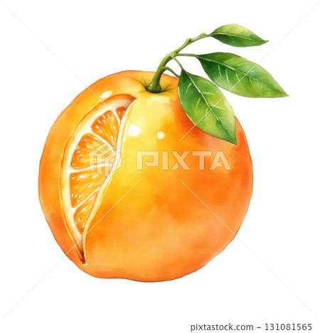 Watercolor painting of a vibrant orange fruit with a slice cut out Watercolor painting of a vibrant orange fruit with a slice cut out 131081565