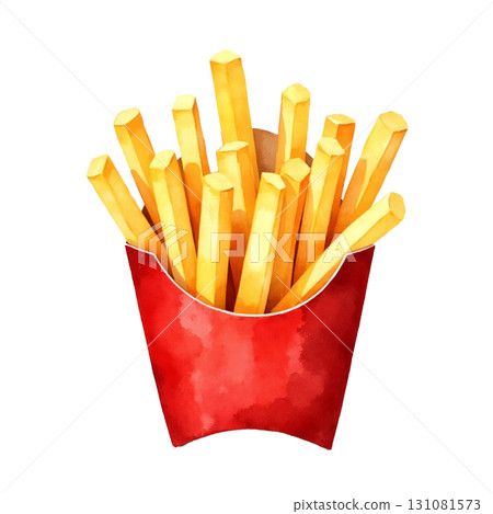 Watercolor style french fries in red cardboard container on black background 131081573