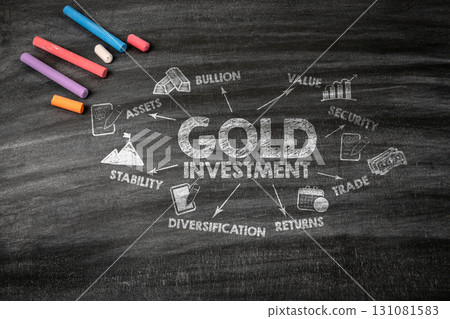 Gold Investment. Black scratched textured chalkboard background Gold Investment. Black scratched textured chalkboard background 131081583