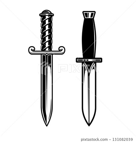 Illustration of battle knife in monochrome style. Design element for logo, sign, emblem. Vector illustration Illustration of battle knife in monochrome style. Design element for logo, sign, emblem. Vector illustration 131082039