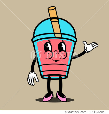 Cartoon character. Retro character of cocktail glass. Rubber hose cartoon mascot. Design element for emblem, sign, poster, menu, card. Vector illustration 131082040