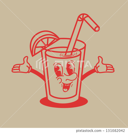 Cartoon character. Retro character of cocktail glass. Rubber hose cartoon mascot. Design element for emblem, sign, poster, menu, card. Vector illustration Cartoon character. Retro character of cocktail glass. Rubber hose cartoon mascot. Design element for emblem, sign, poster, menu, card. Vector illustration 131082042