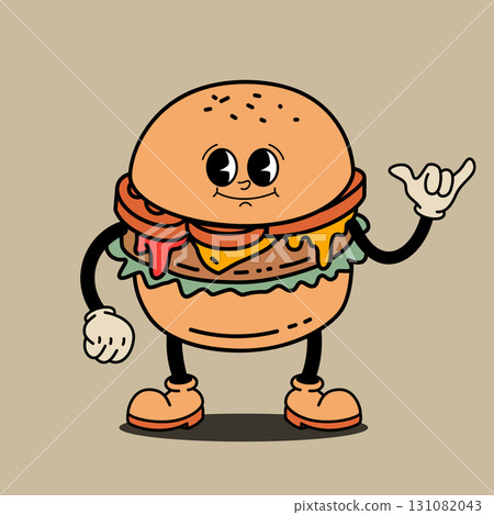 Cartoon character. Retro character of hamburger. Rubber hose burger cartoon mascot. Design element for emblem, sign, poster, menu, card. Vector illustration 131082043