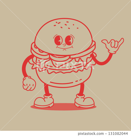 Cartoon character. Retro character of hamburger. Rubber hose burger cartoon mascot. Design element for emblem, sign, poster, menu, card. Vector illustration Cartoon character. Retro character of hamburger. Rubber hose burger cartoon mascot. Design element for emblem, sign, poster, menu, card. Vector illustration 131082044