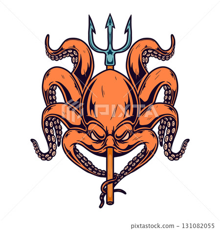 Illustration of octopus with poseidon trident. Design element for poster, card, banner, emblem, sign. Vector illustration 131082055