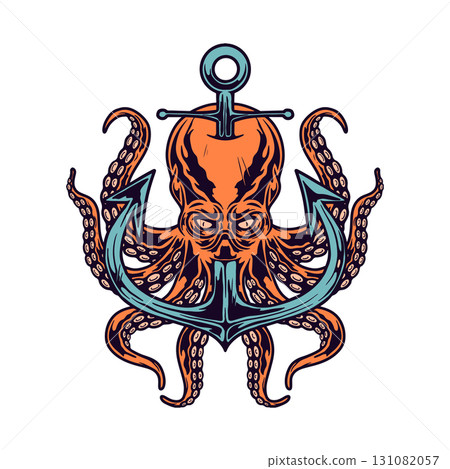 Illustration of octopus with anchor. Design element for poster, card, banner, emblem, sign. Vector illustration 131082057